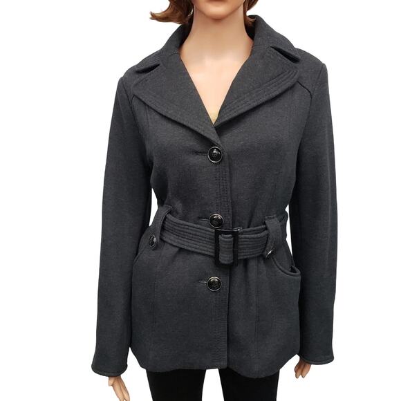 NWT Kenneth Cole Reaction Pea coat Women Size M Belted Gray Cotton Poly Blend - Picture 1 of 12
